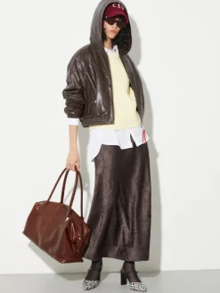Glossy leather bomber jacket - chocolate