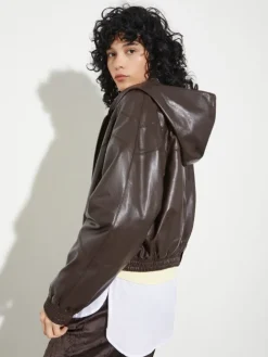 Glossy leather bomber jacket - chocolate