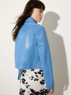 Glossy leather boxy jacket - sky blue
