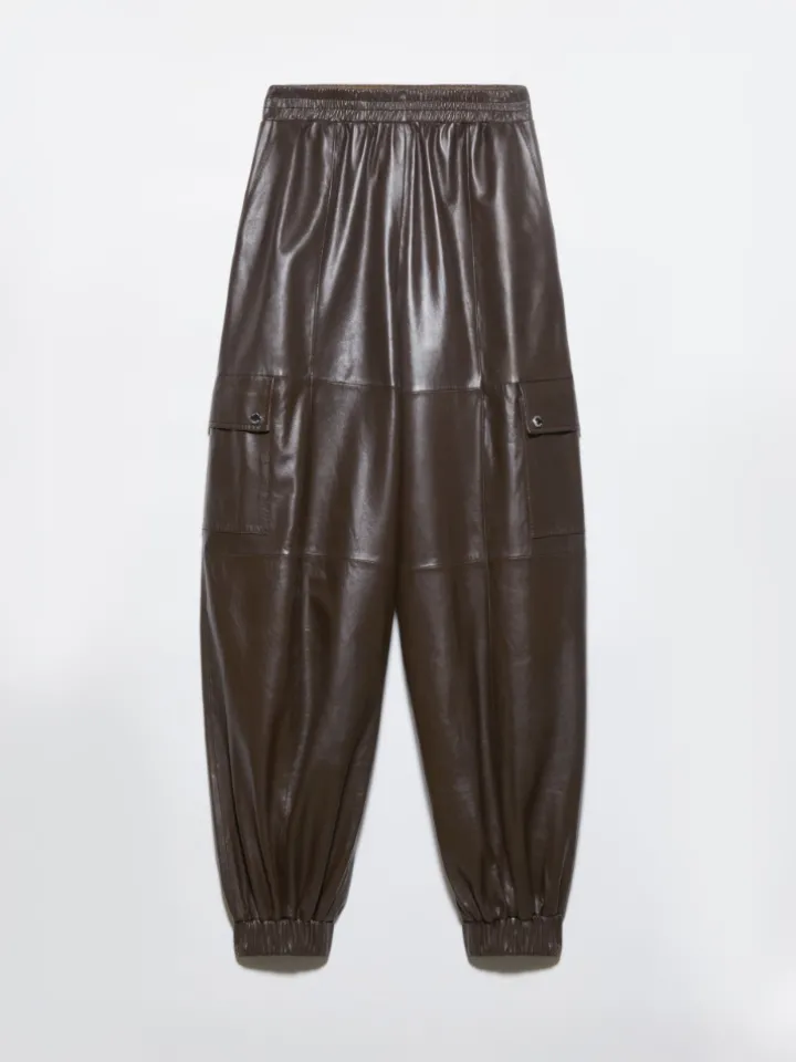 Glossy leather cargo trousers - chocolate