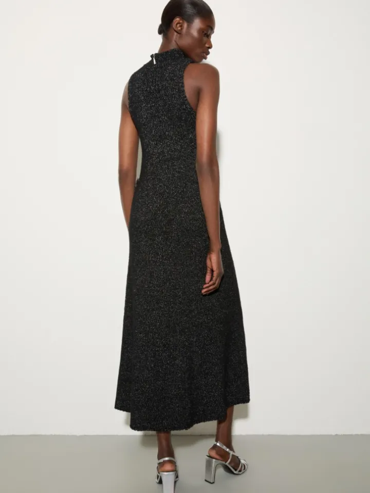 Knit midi dress with fringe - black