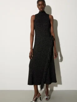 Knit midi dress with fringe - black