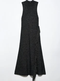 Knit midi dress with fringe - black