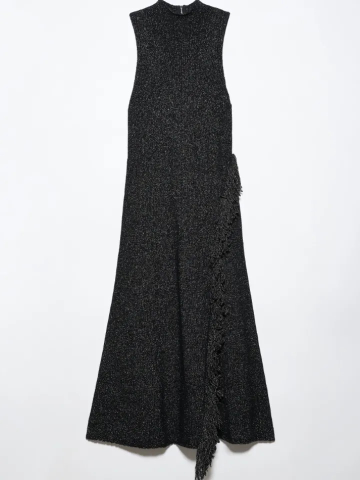 Knit midi dress with fringe - black