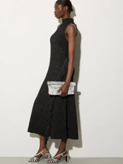 Knit midi dress with fringe - black