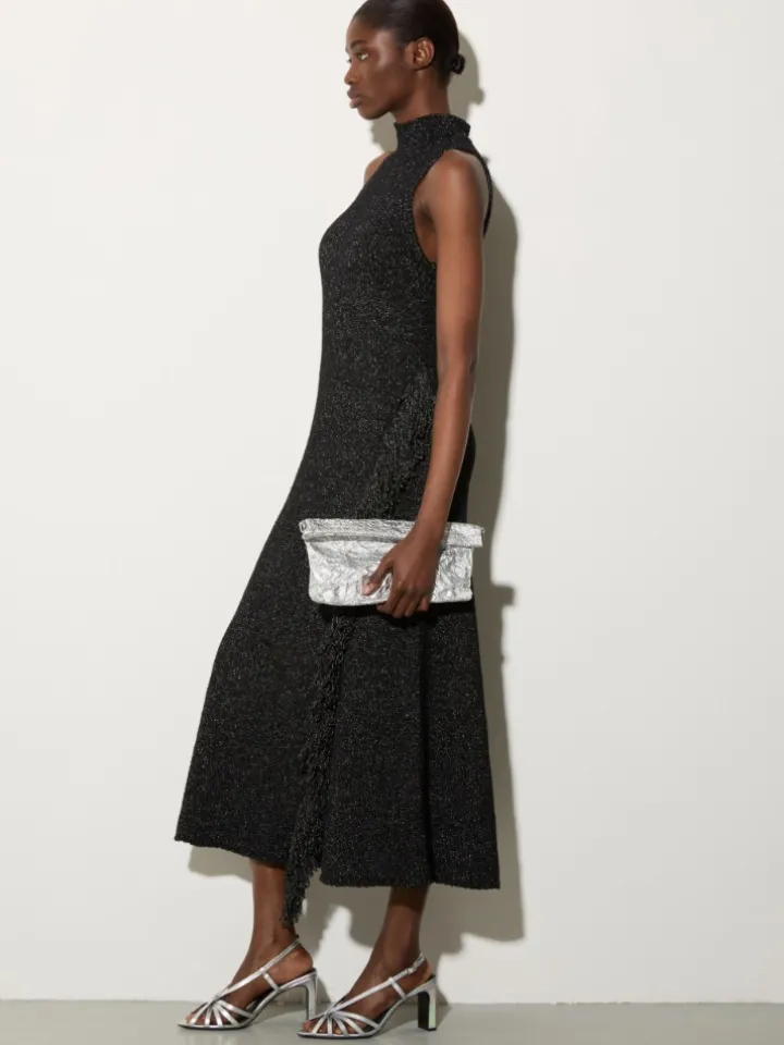 Knit midi dress with fringe - black