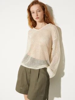 Knitted mesh hoodie - milk
