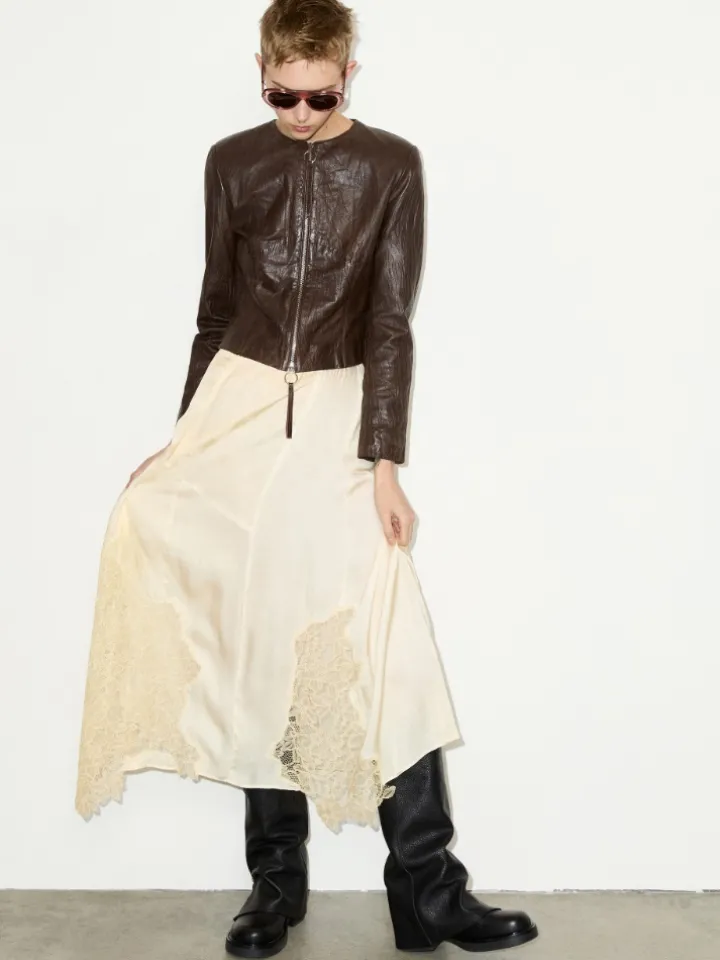Lace-insert satin midi skirt - banana