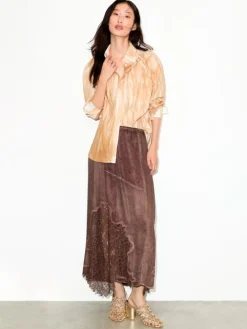 Lace-insert satin midi skirt - chocolate