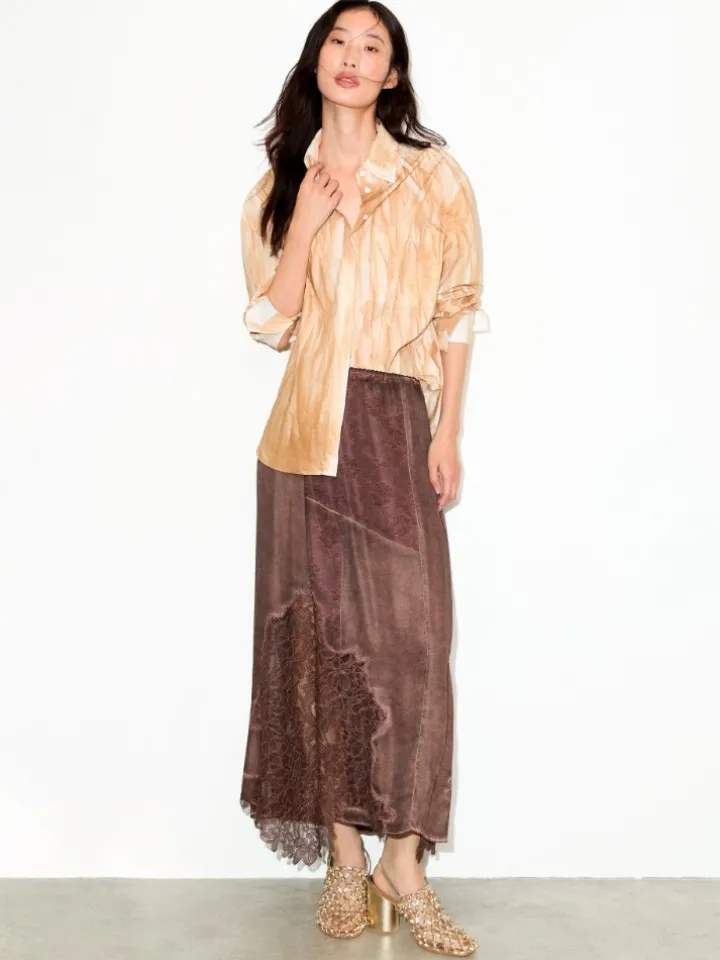 Lace-insert satin midi skirt - chocolate