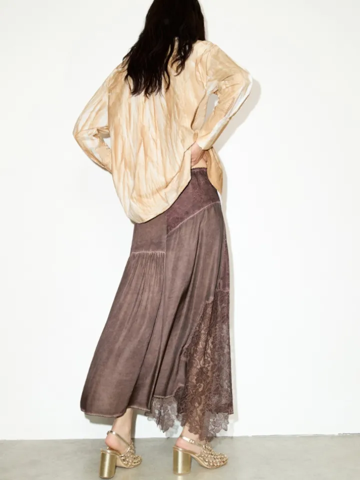 Lace-insert satin midi skirt - chocolate
