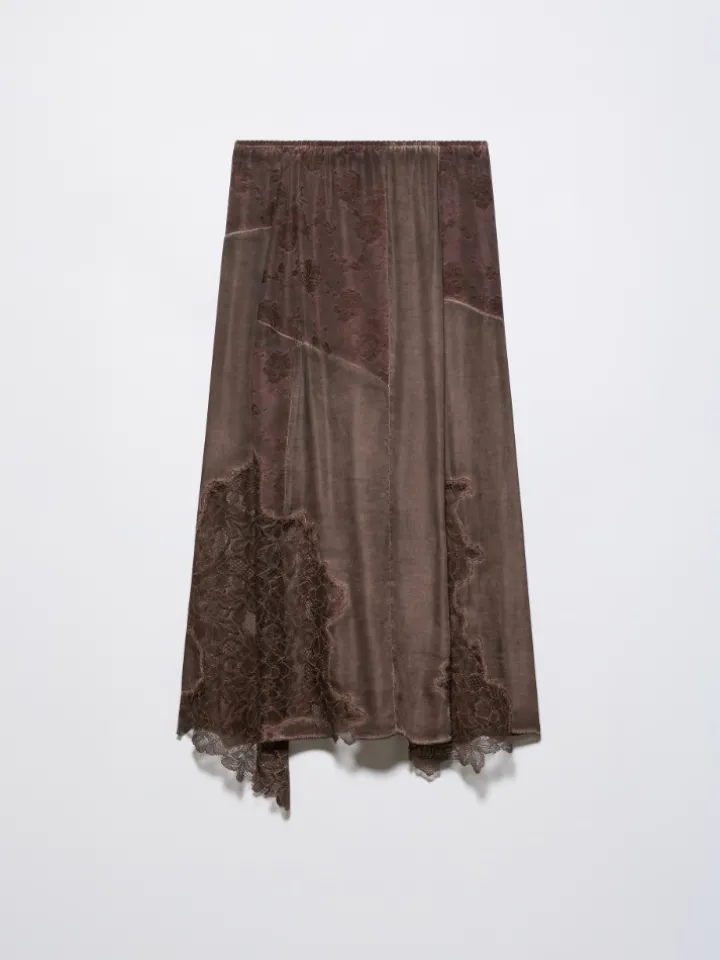 Lace-insert satin midi skirt - chocolate
