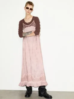 Lace-trimmed jacquard maxi dress - pink