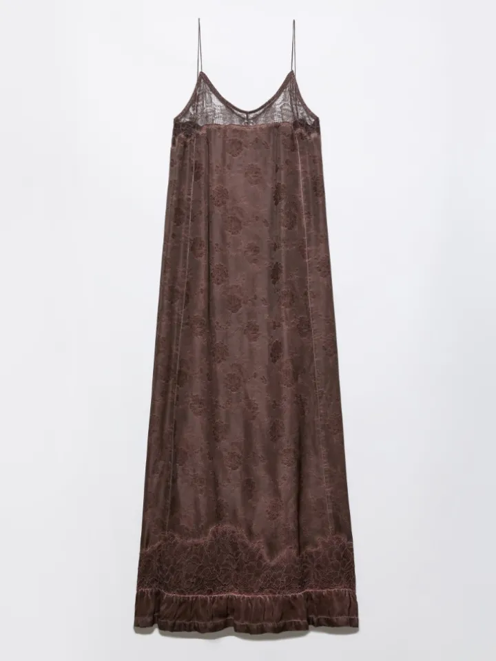 Lace-trimmed jacquard maxi dress - chocolate
