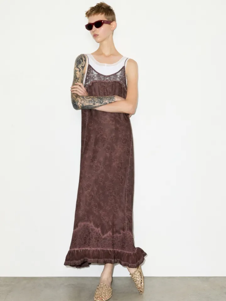 Lace-trimmed jacquard maxi dress - chocolate