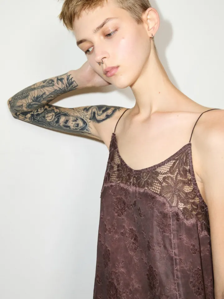 Lace-trimmed jacquard maxi dress - chocolate