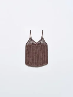 Lace-trimmed jacquard top - chocolate