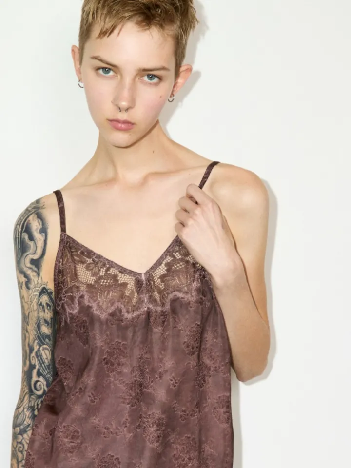 Lace-trimmed jacquard top - chocolate