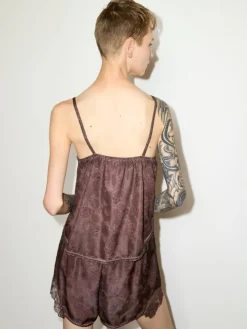 Lace-trimmed jacquard top - chocolate