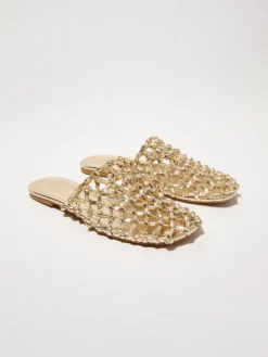 Laminated braided flat mules - gold