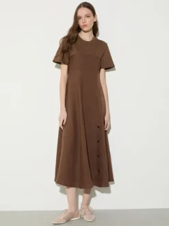 Linen and jersey midi dress - coffee