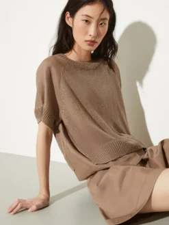 Linen-blend knitted T-shirt - hazelnut brown