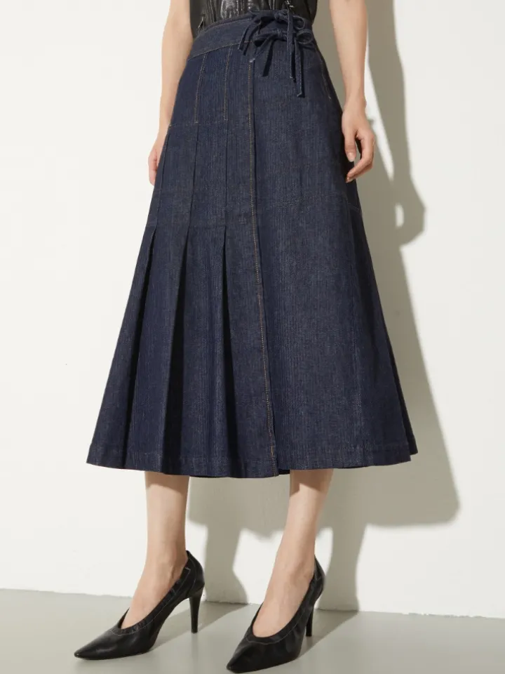 Pleated denim midi skirt - navy
