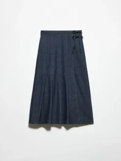 Pleated denim midi skirt - navy