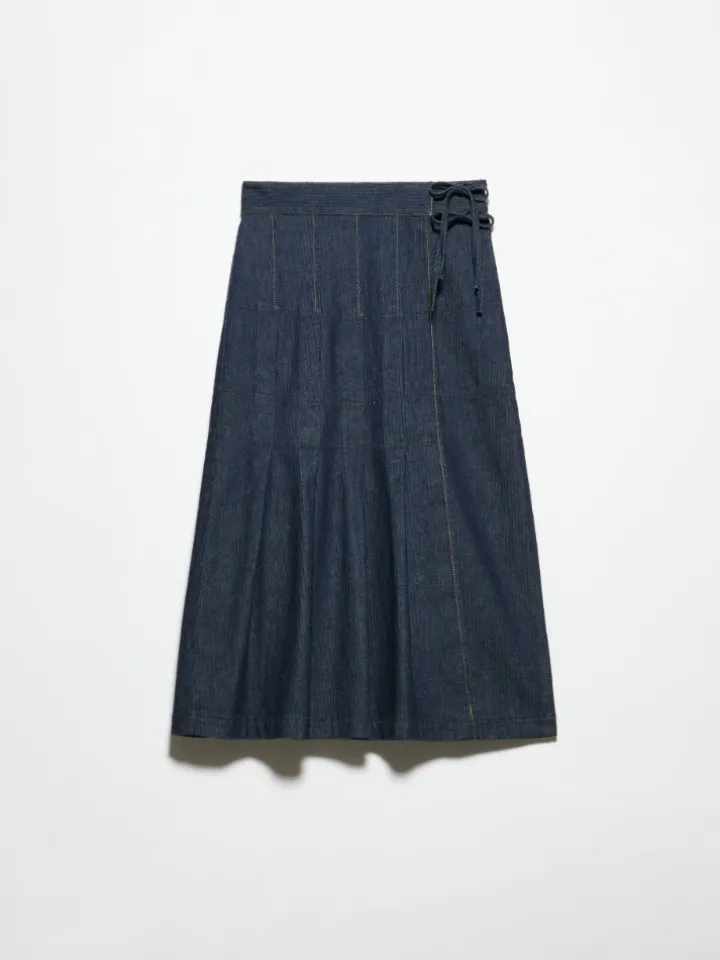 Pleated denim midi skirt - navy