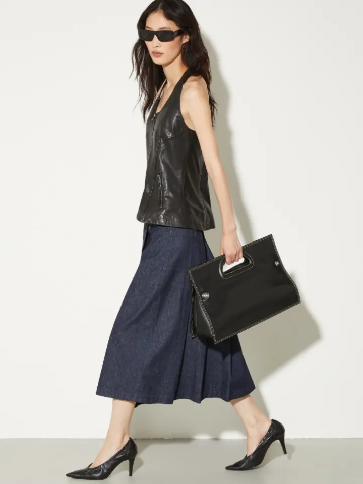 Pleated denim midi skirt - navy