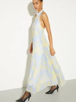 Pleated jersey halterneck dress - dust blue