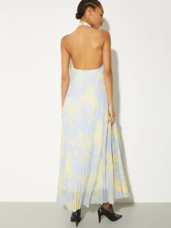 Pleated jersey halterneck dress - dust blue