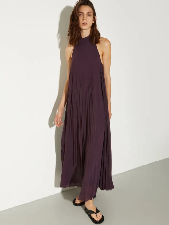 Pleated jersey halterneck dress - aubergine
