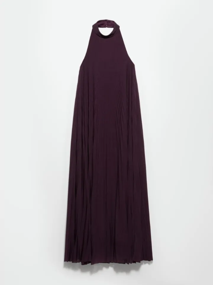 Pleated jersey halterneck dress - aubergine