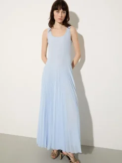 Pleated jersey long dress - light blue
