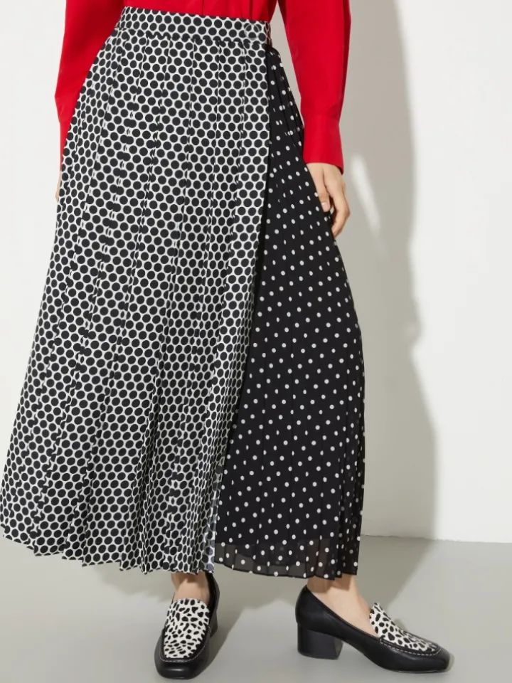 Pleated polka-dot wrap skirt - black
