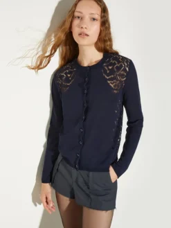 Pointelle-knit cotton cardigan - navy