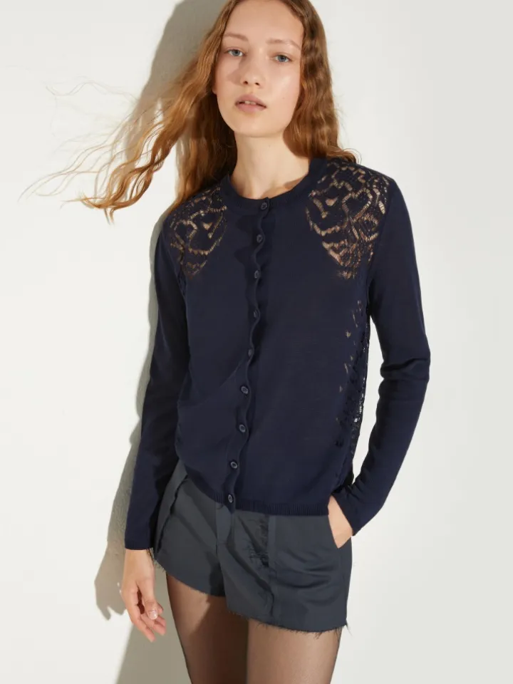 Pointelle-knit cotton cardigan - navy