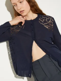 Pointelle-knit cotton cardigan - navy