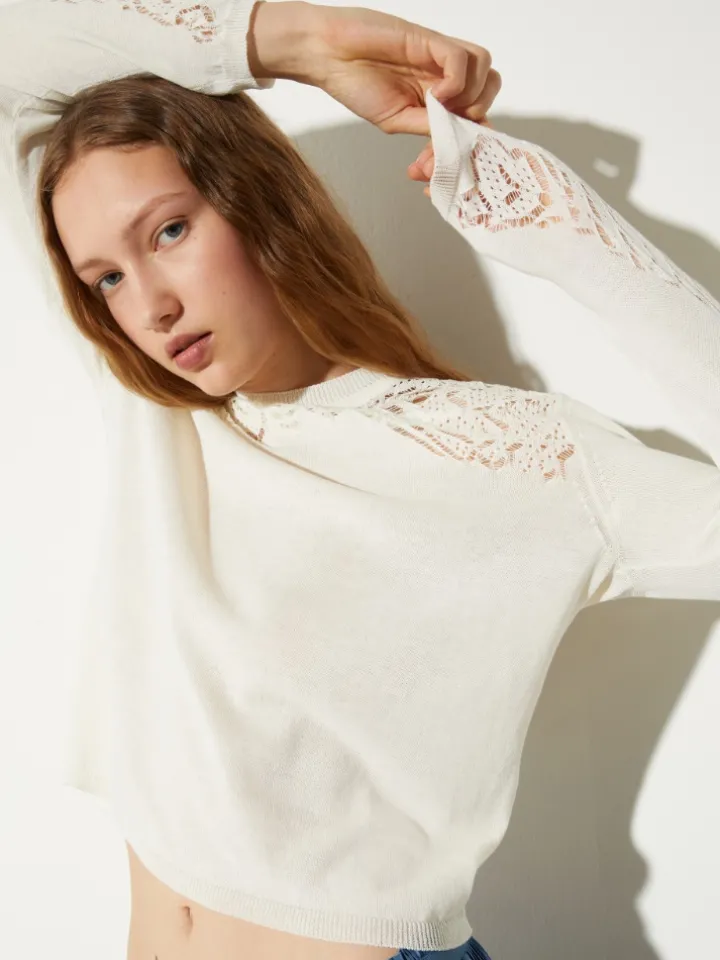 Pointelle-knit cotton jumper - milk