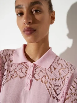 Pointelle-knit cotton polo shirt - pink