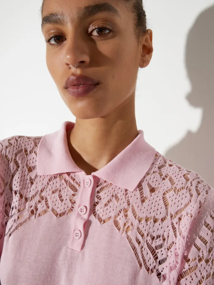 Pointelle-knit cotton polo shirt - pink