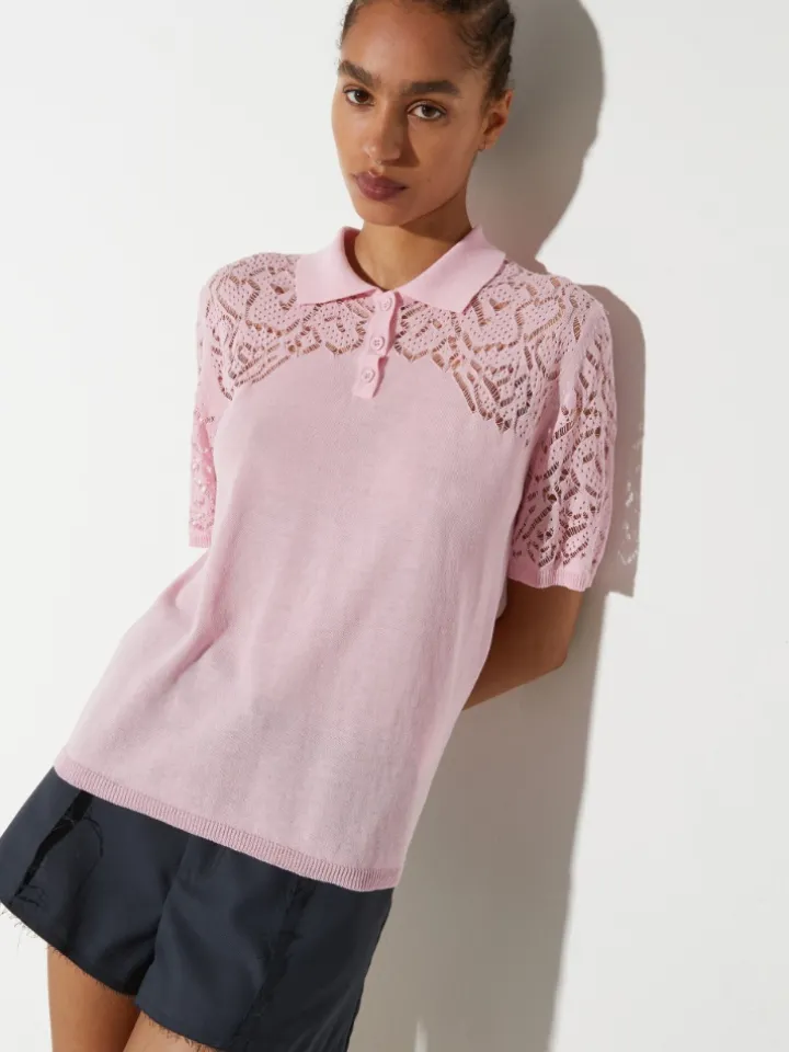 Pointelle-knit cotton polo shirt - pink