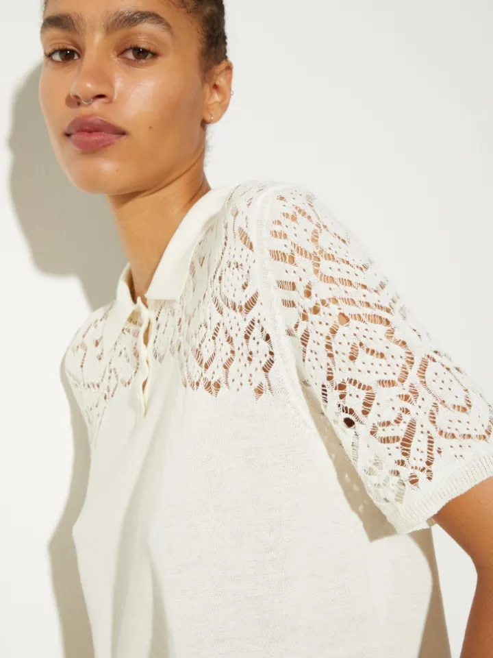 Pointelle-knit cotton polo shirt - milk