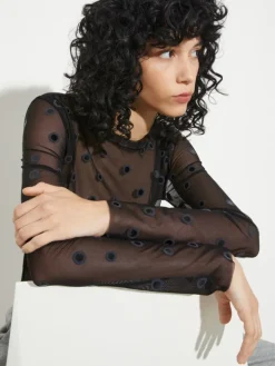 Polka-dot tulle-jersey T-shirt - black