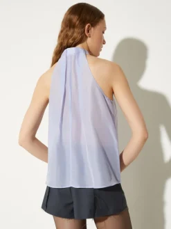 Poplin and voile halterneck top - light blue