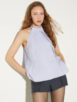 Poplin and voile halterneck top - light blue