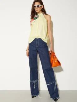 Poplin and voile halterneck top - lemon
