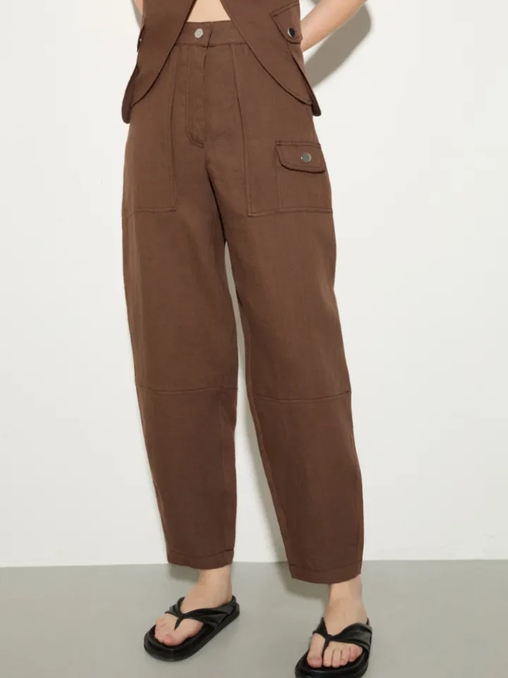 Pure linen barrel-leg trousers - coffee