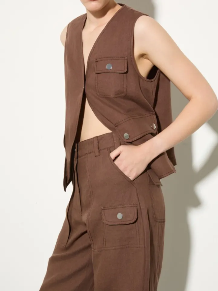 Pure linen barrel-leg trousers - coffee